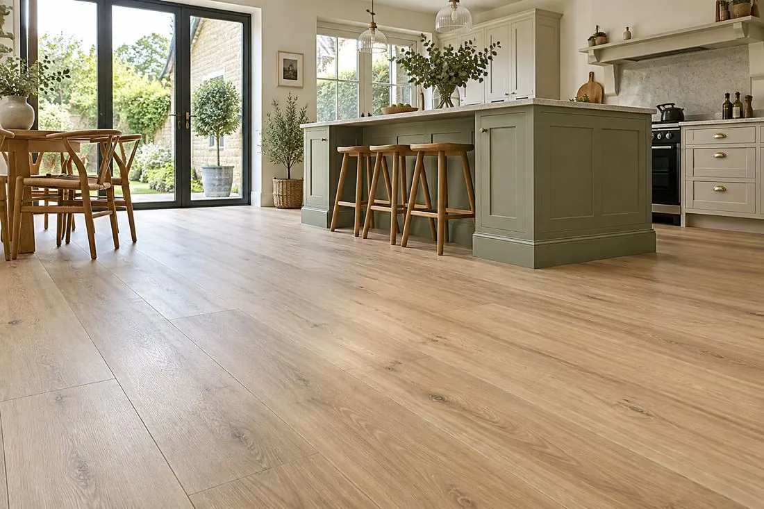 Oak-effect plank flooring in an open-plan kitchen and dining area