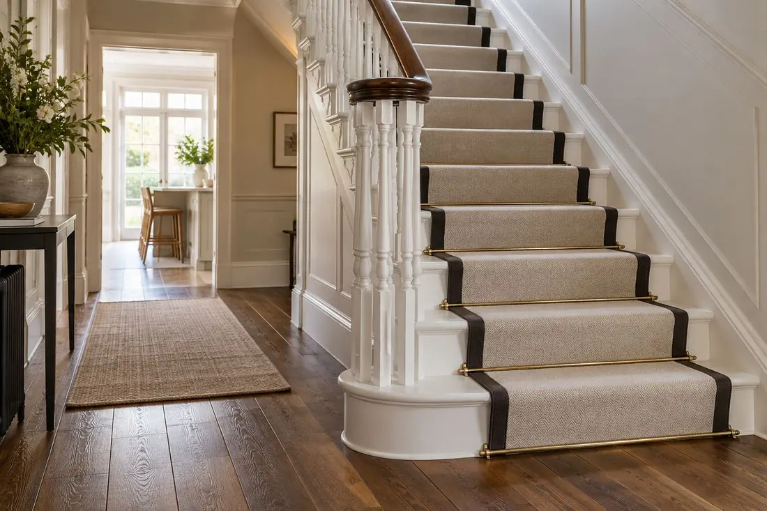A carpet stair runner with brass rods above dark oak boards